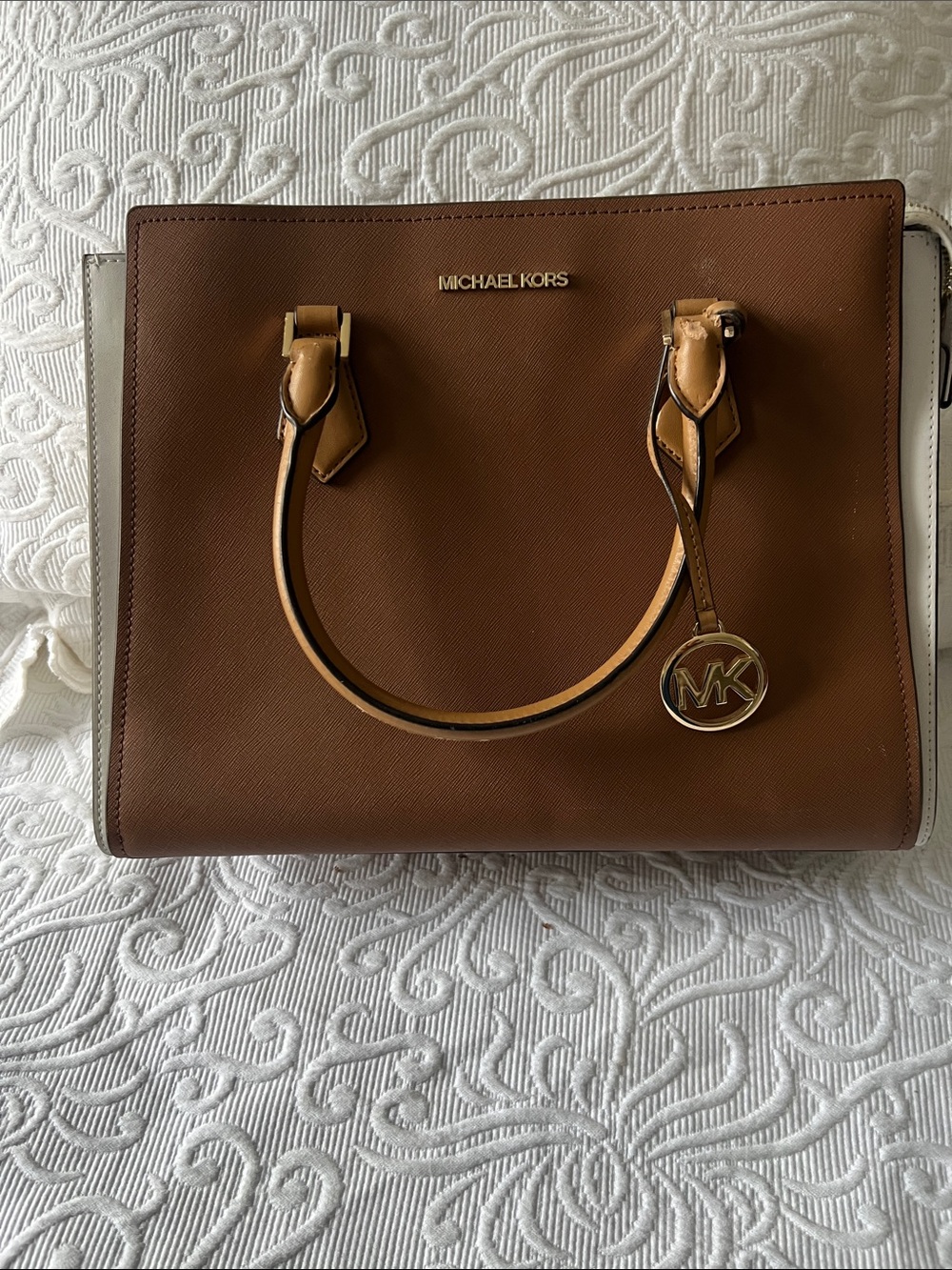 Michael Kors Brown Satchel with Tan Trim and Gold MK Charm